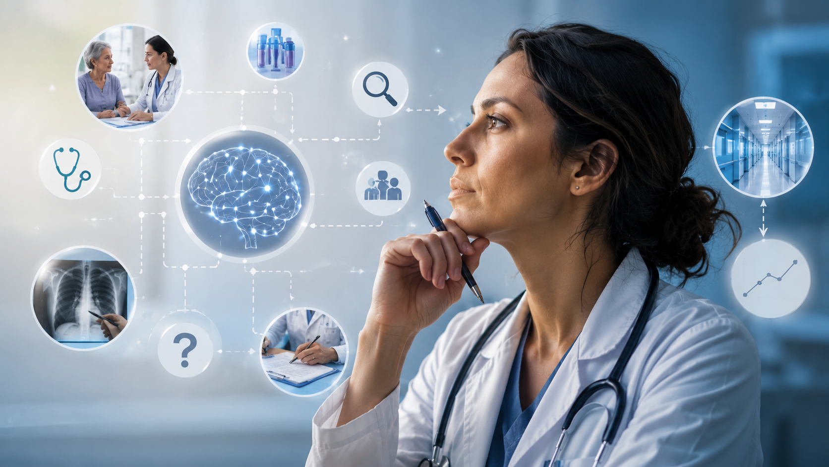 Profesional de la salud reflexionando frente a elementos visuales de razonamiento clínico, hipótesis diagnósticas, datos del paciente, pruebas e incertidumbre.