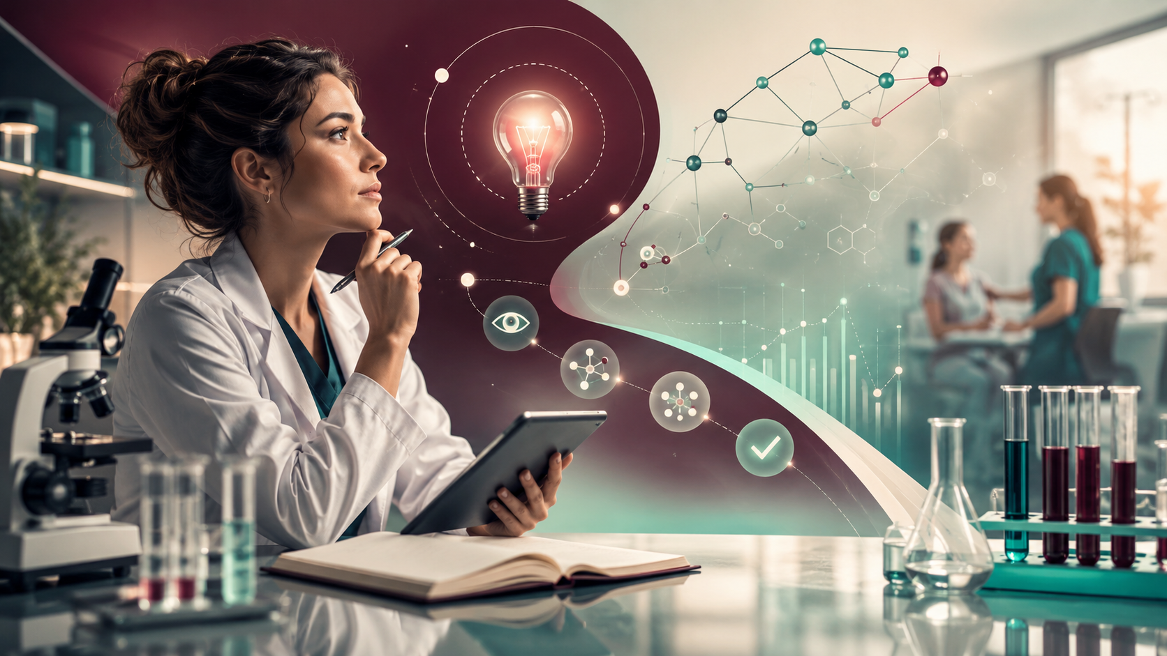 Investigadora en laboratorio reflexiona sobre una hipótesis científica, representada por un foco, una red de variables, datos biomédicos y una secuencia de validación.