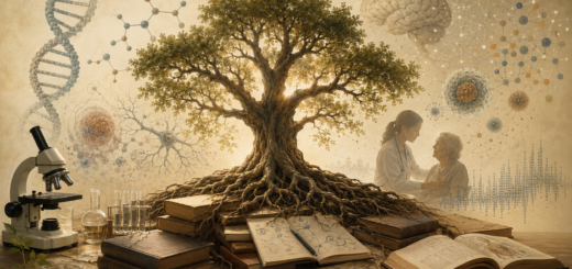 Árbol del conocimiento científico con raíces sobre libros, microscopio y elementos biomédicos que representan teorías, evidencia y comprensión de la salud y la enfermedad.