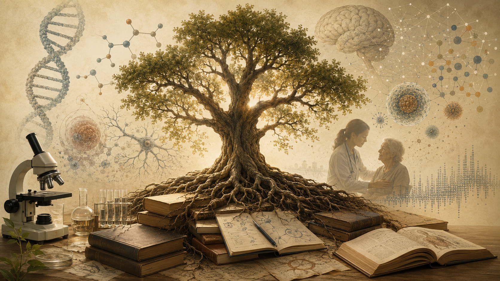 Árbol del conocimiento científico con raíces sobre libros, microscopio y elementos biomédicos que representan teorías, evidencia y comprensión de la salud y la enfermedad.