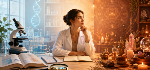 Ilustración panorámica que contrapone un entorno científico y uno pseudocientífico: una mujer con bata se encuentra al centro, pensativa, sentada ante una mesa con microscopio, libros, tubos de ensayo y una lupa a la izquierda, y velas, cristales, frascos y símbolos esotéricos a la derecha.