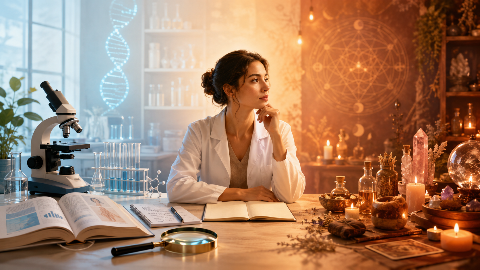 Ilustración panorámica que contrapone un entorno científico y uno pseudocientífico: una mujer con bata se encuentra al centro, pensativa, sentada ante una mesa con microscopio, libros, tubos de ensayo y una lupa a la izquierda, y velas, cristales, frascos y símbolos esotéricos a la derecha.