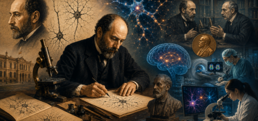 Santiago Ramón y Cajal dibujando neuronas junto a un microscopio, rodeado de ilustraciones del sistema nervioso y escenas de neurociencia y Medicina modernas.