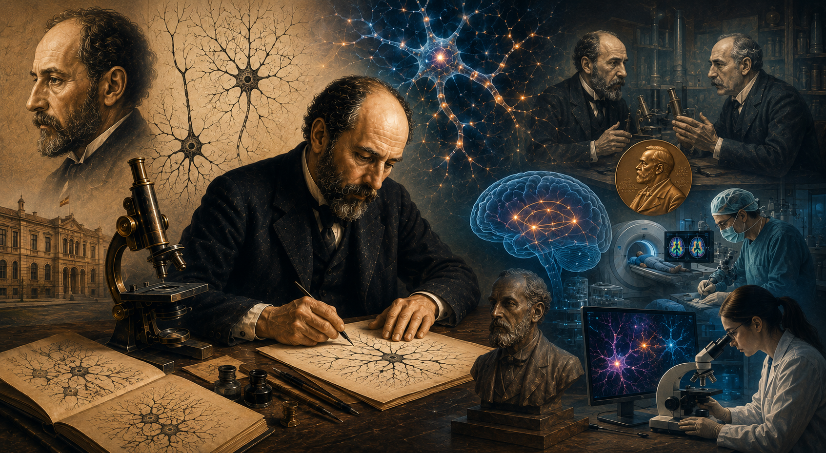 Santiago Ramón y Cajal dibujando neuronas junto a un microscopio, rodeado de ilustraciones del sistema nervioso y escenas de neurociencia y Medicina modernas.